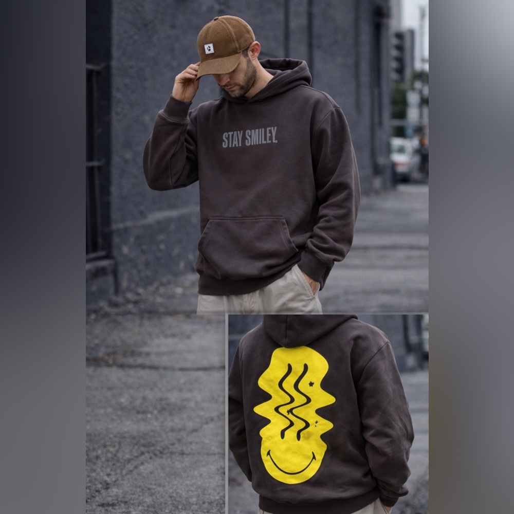 Smiley Face Graphic Hoodie Men’s L | Yellow Back Print Streetwear